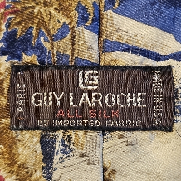 Vintage Guy Laroche Red Blue Brown Leaf Print Men’s Silk Tie Classic USA - Picture 5 of 6